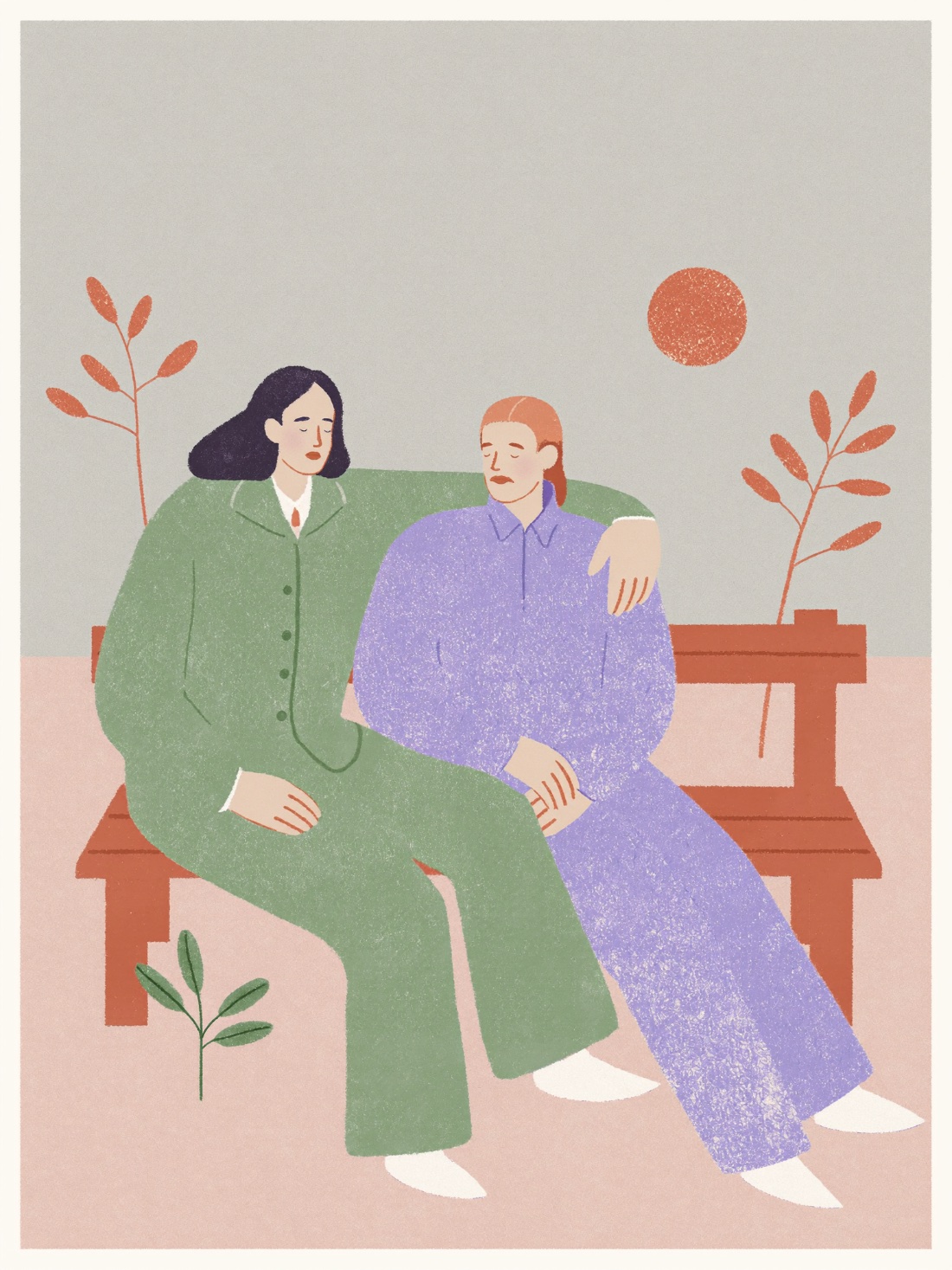 Ilustración de dos personas sentadas juntas, una apoyando la mano en el hombro de la otra