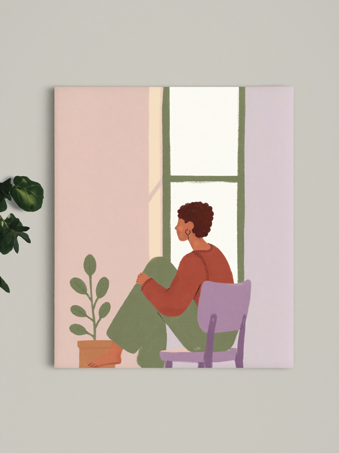 Ilustración de una persona junto a una ventana con luz suave y una planta con hojas nuevas