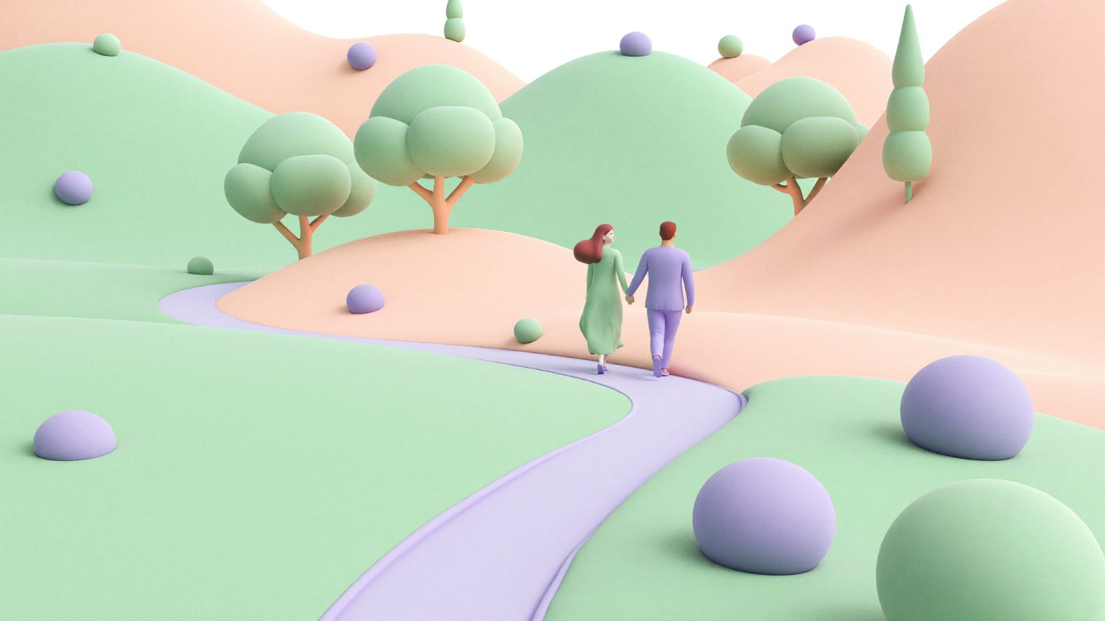 Ilustración 3D de una pareja caminando de la mano por un sendero entre colinas pastel