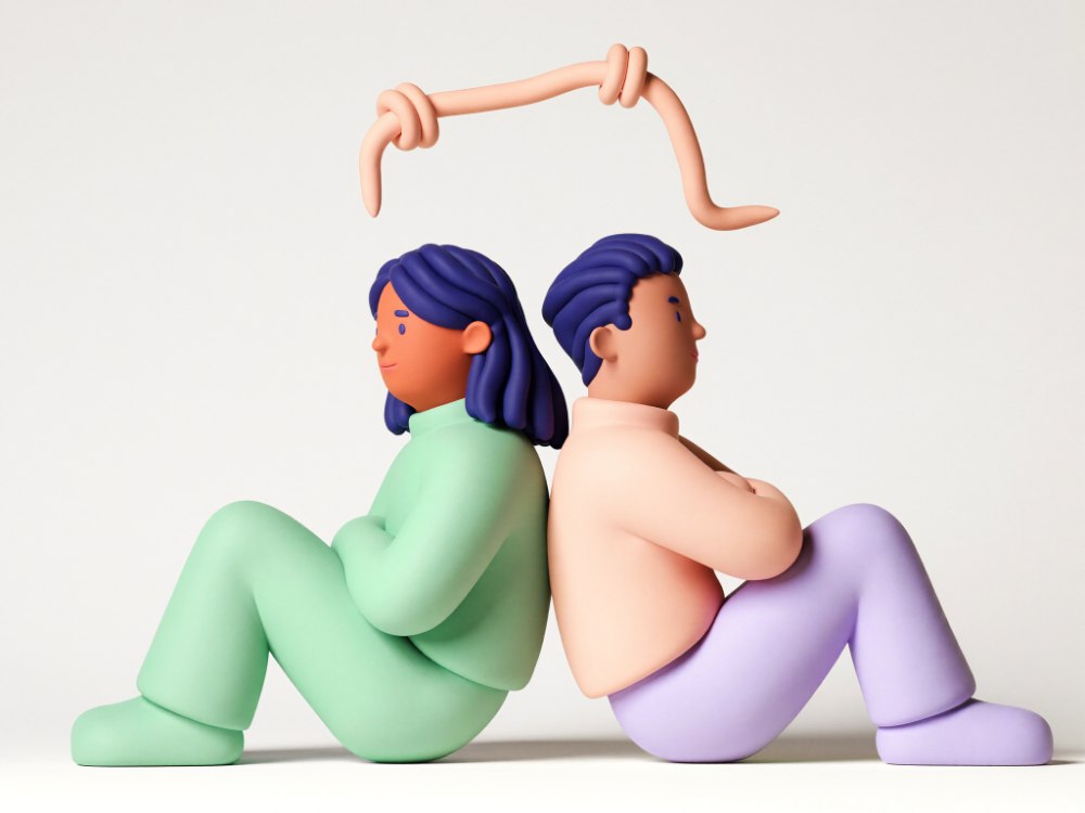 Ilustración 3D de una pareja sentada espalda con espalda, con un hilo anudado flotando sobre sus cabezas