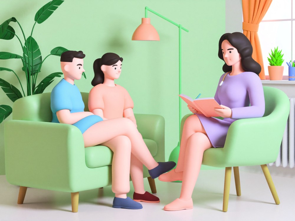 Ilustración 3D de una pareja en sesión con su terapeuta, en una consulta cálida y moderna